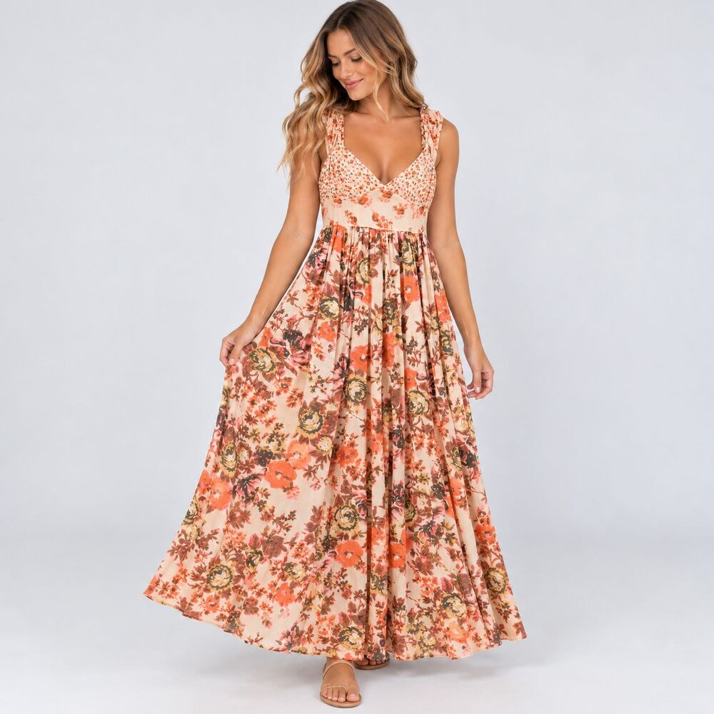 Free People Floral Maxi Dress Womens M Smocked Bodice Ruffle Strap Cottagecore